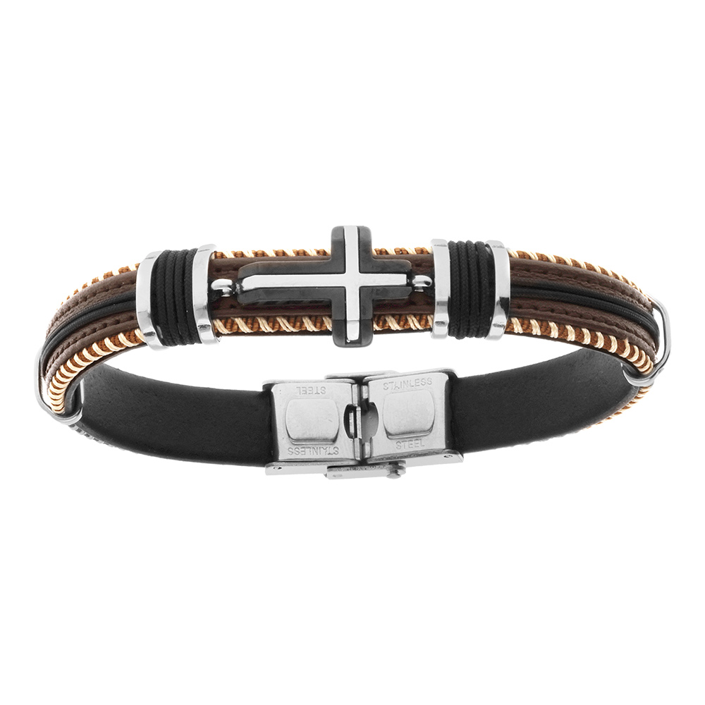 Bracelet en acier et cuir bovin marron et cordon noir avec croix  - 20.5cm r�glable - Vue 1
