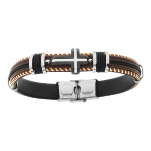 Bracelet en acier et cuir bovin marron et cordon noir avec croix - 20.5cm réglable - Vue 1