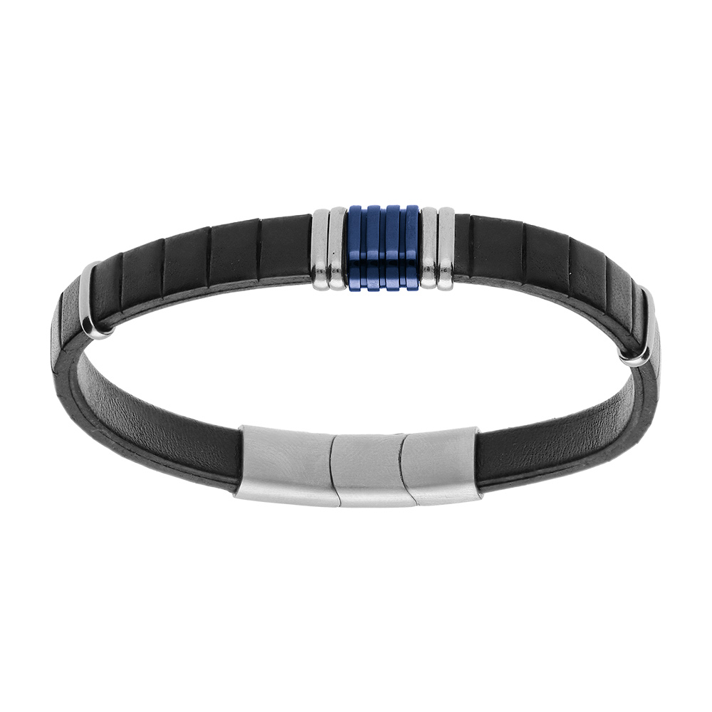 Bracelet en acier et cuir bovin noir avec barrettes PVD noir 20+1cm double fermoir - Vue 1