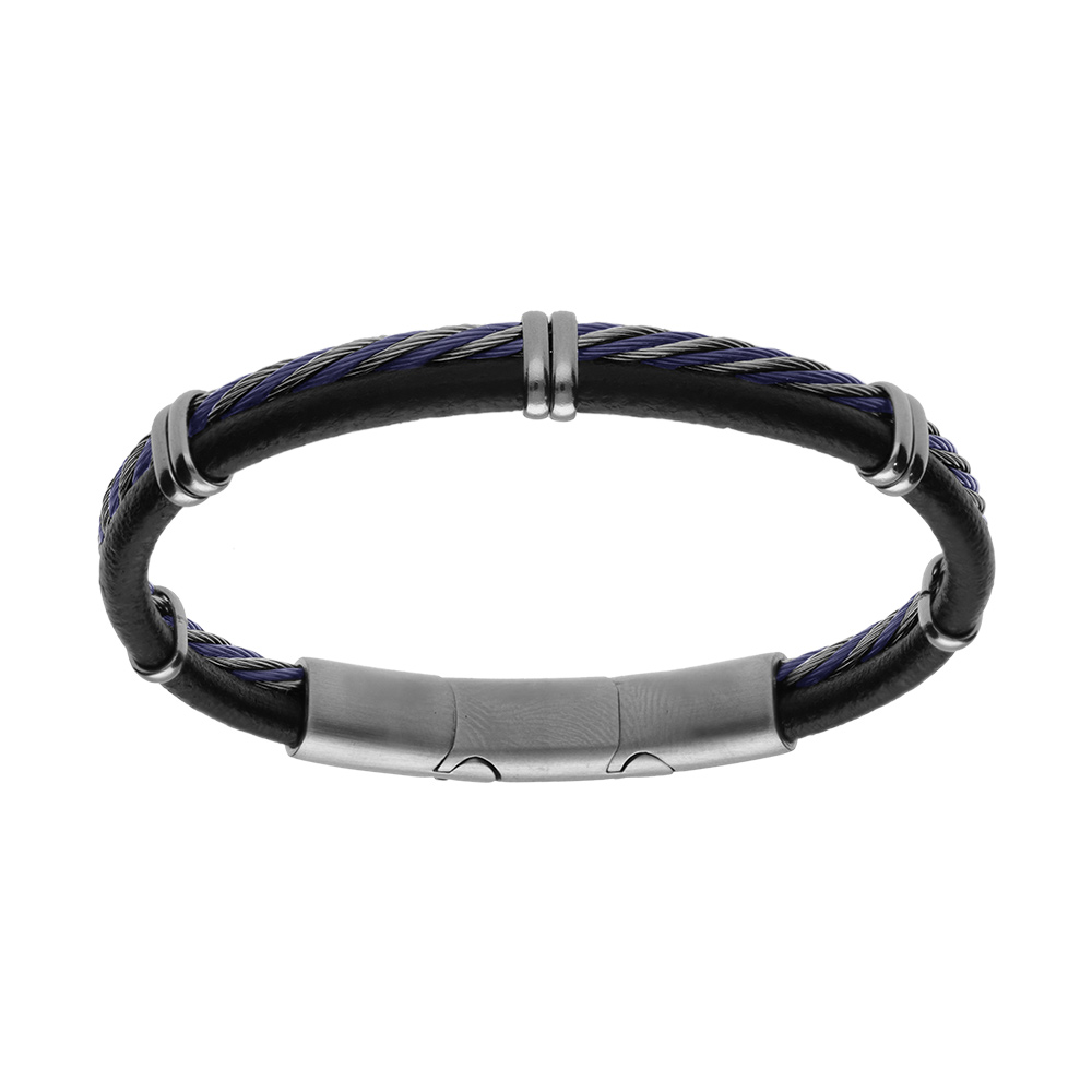 Bracelet en acier et cuir bovin noir avec c�ble tresse PVD bleu double fermoir - Vue 1