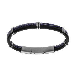 Bracelet en acier et cuir bovin noir avec cble tresse PVD bleu double fermoir - Vue 1