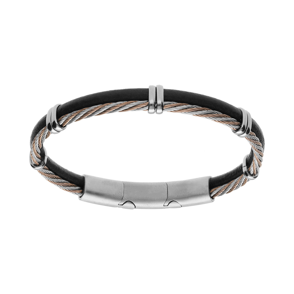 Bracelet en acier et cuir bovin noir avec c�ble tresse PVD dor� rose double fermoir - Vue 1