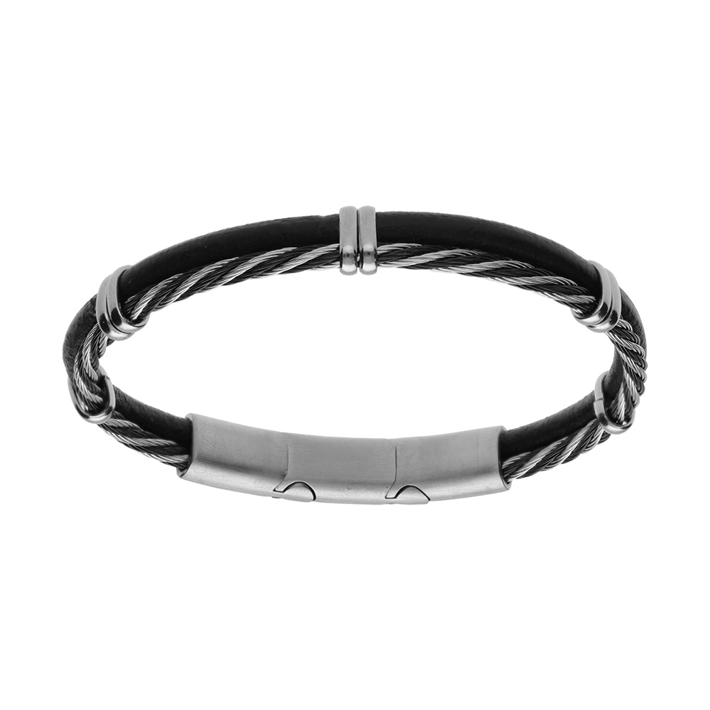 Bracelet en acier et cuir bovin noir avec c�ble tresse PVD noir double fermoir - Vue 1