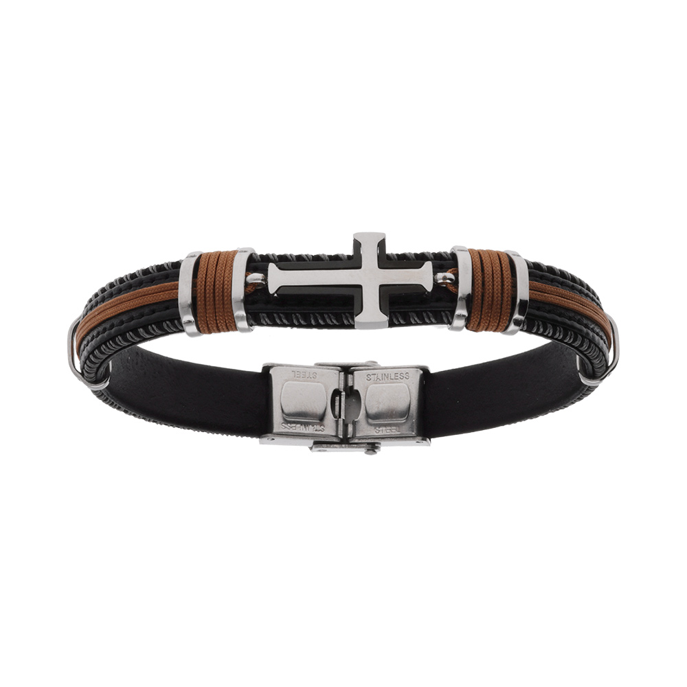 Bracelet en acier et cuir bovin noir et cordon marron avec croix  - 20.5cm - Vue 1