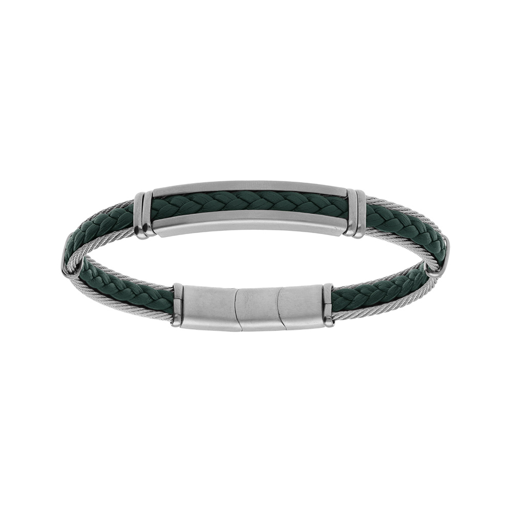 Bracelet en acier et cuir bovin noir et tresse verte avec c�ble gris - 20+1cm double fermoir - Vue 1