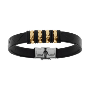 Bracelet en acier et cuir bovin noir motif doré - 21.5cm réglable - Vue 1