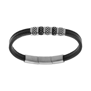 Bracelet en acier et cuir bovin noir motif fermoir aimant 20+1.5cm rglable - Vue 1