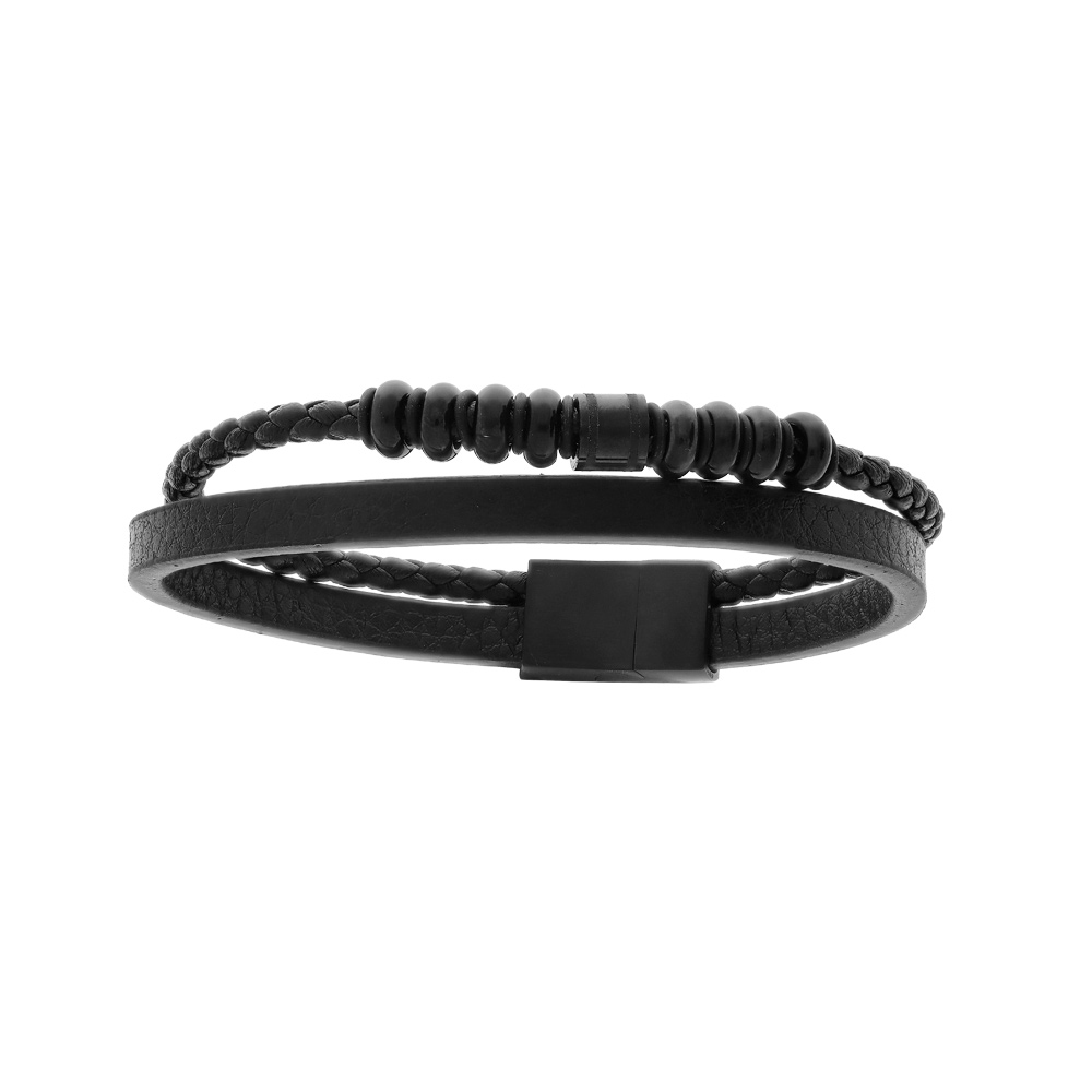 Bracelet en acier et cuir bovin 2 rangs avec tresse et PVD noirs - double fermoir 19cm +1cm - Vue 1