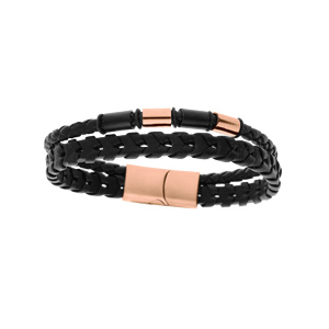 Bracelet en acier et cuir bovin 2 rangs avec tresse noire et PVD rose - double fermoir 20cm +1cm - Vue 1