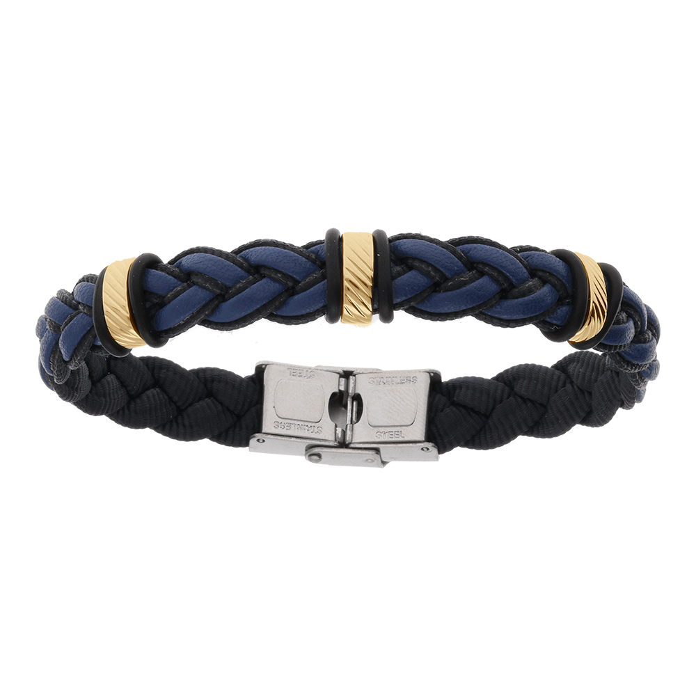 Bracelet en acier et cuir bovin tress bleu motif dor -  22cm rglable - Vue 1