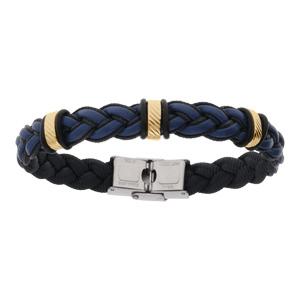 Bracelet en acier et cuir bovin tressé bleu motif doré - 22cm réglable - Vue 1