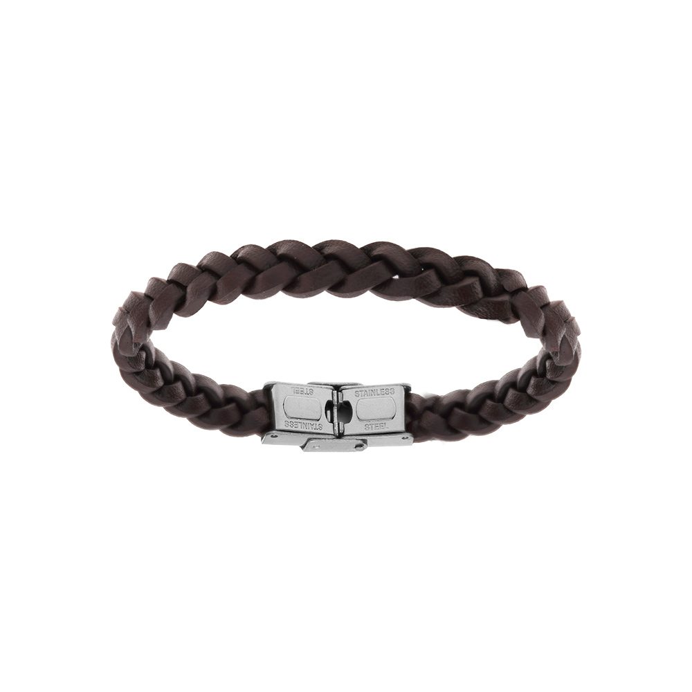 Bracelet en acier et cuir bovin tresse marron 20cm - Vue 1