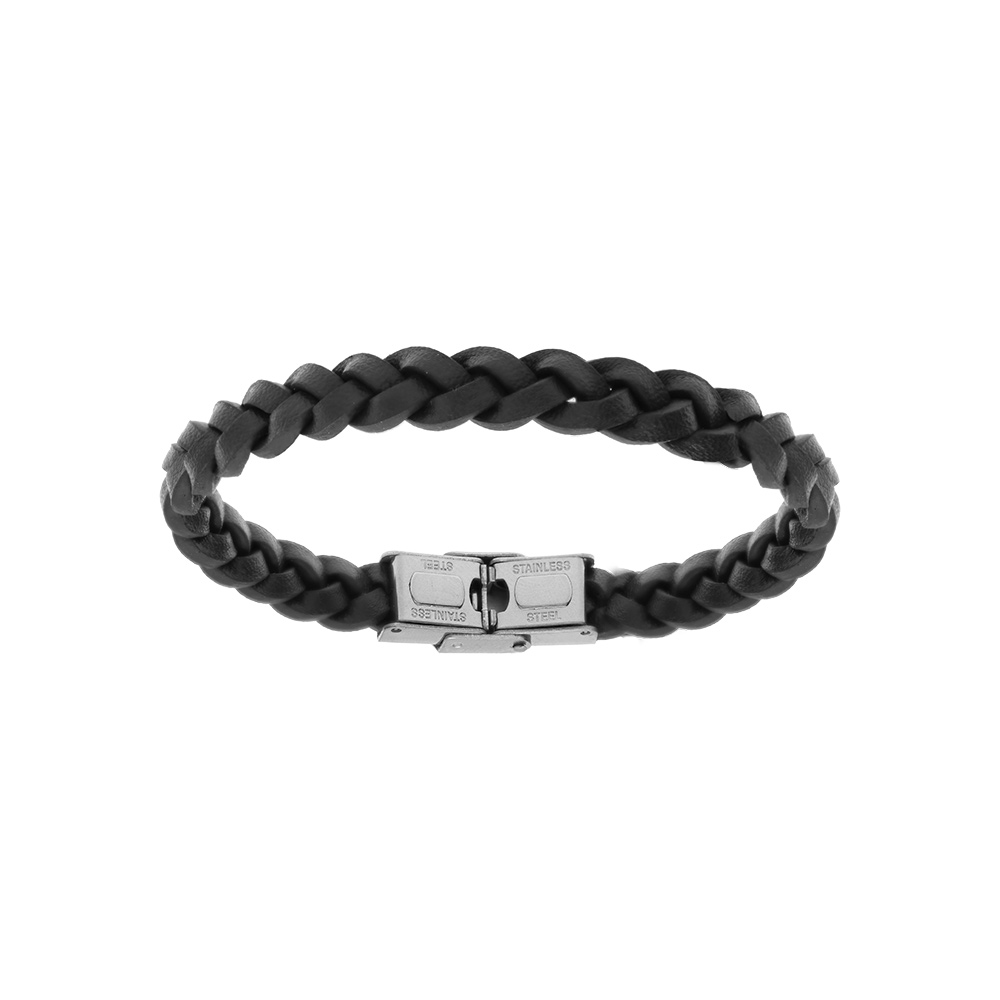 Bracelet en acier et cuir bovin tresse noir 20cm - Vue 1