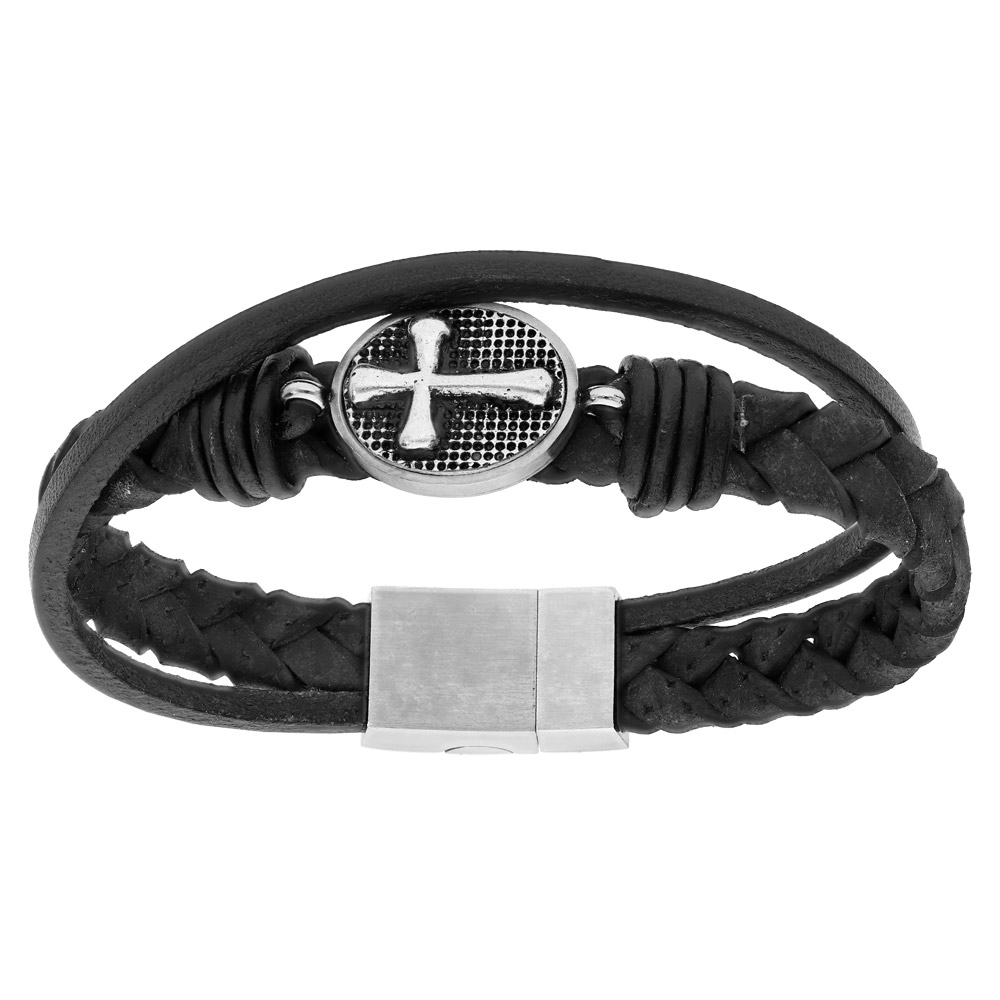 Bracelet en acier et cuir bovin tress� noir avec Croix patin�e - 22cm fermoir aimant� - Vue 1