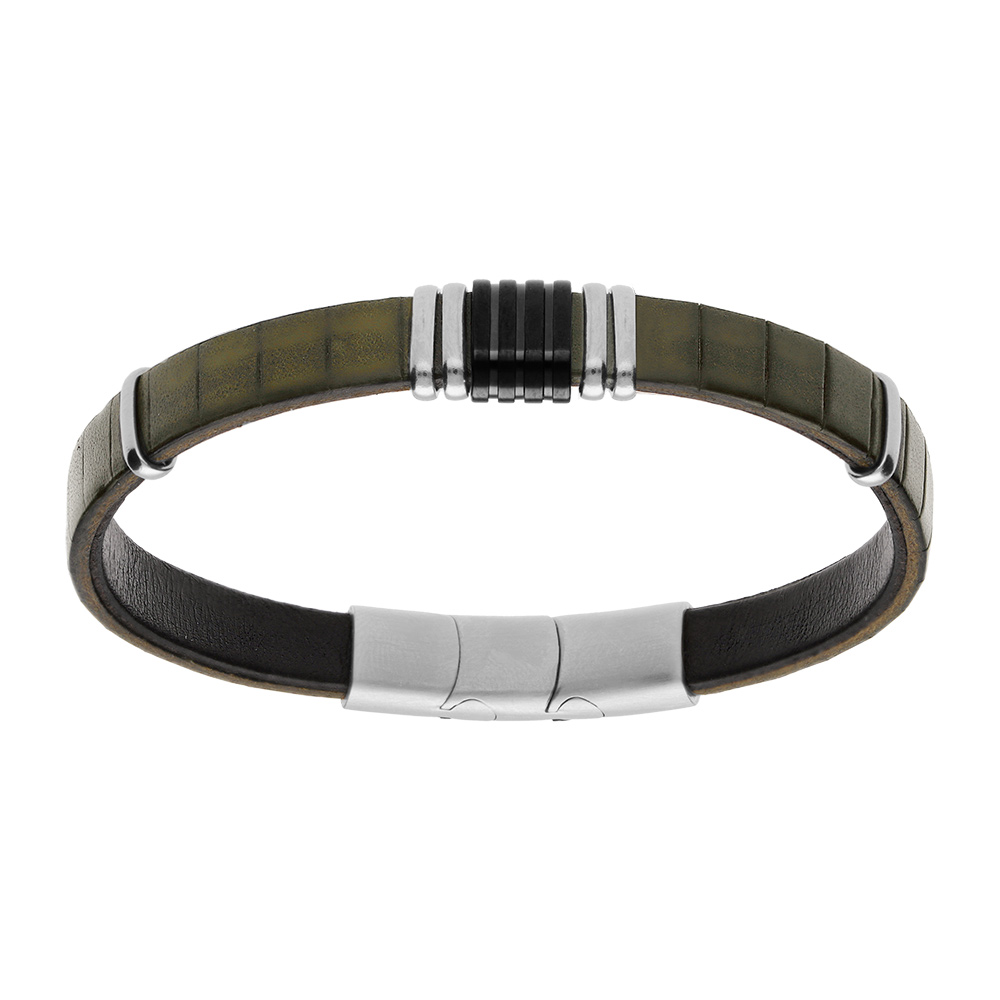Bracelet en acier et cuir bovin vert kaki avec barrettes 20+1cm double fermoir - Vue 1