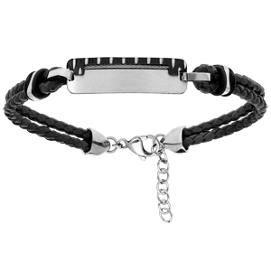 Bracelet en acier et cuir double rang noir et plaque avec pierres noires 19+3cm - Vue 1