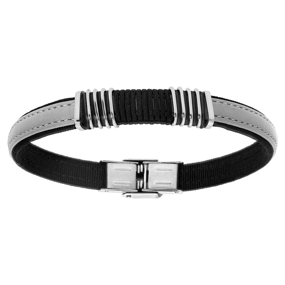 Bracelet en acier et cuir gris d�coration cordon noir entour� r�glable 21cm - Vue 1