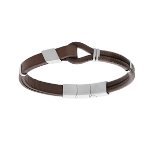 Bracelet en acier et cuir marron avec boucle 20cm + 1cm double fermoir - Vue 1