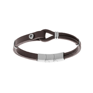 Bracelet en acier et cuir marron avec boucle et vis 20cm + 1cm double fermoir - Vue 1