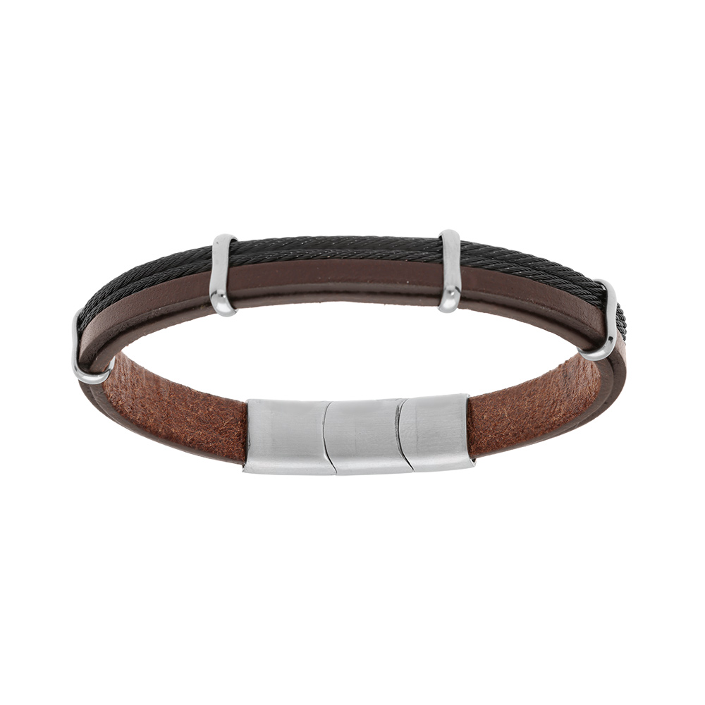 Bracelet en acier et cuir marron avec 2 c�bles noir et double fermoir 20+1cm - Vue 1