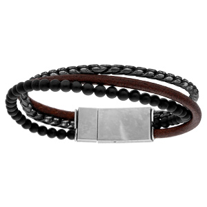 Bracelet en acier et cuir marron avec 2 chainages 20,5cm - Vue 1