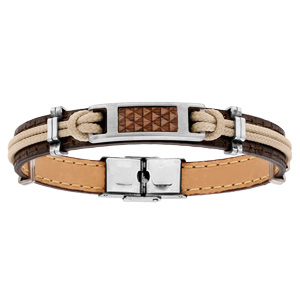 Bracelet en acier et cuir marron avec corde couleur sable et bois naturel - 21cm rglable - Vue 1