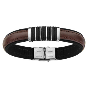 Bracelet en acier et cuir marron avec lments lisses et noirs au milieu - longueur 20cm - Vue 1