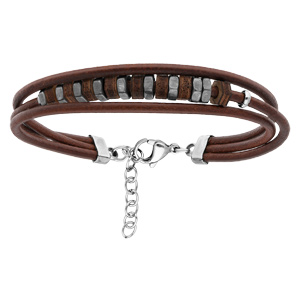 Bracelet en acier et cuir marron avec perles bois marron 18+3cm - Vue 1