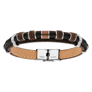 Bracelet en acier et cuir marron avec perles en bois naturel - 21cm rglable - Vue 1