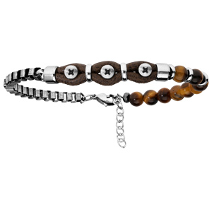 Bracelet en acier et cuir marron avec perles Oeil de tigre 20+3cm