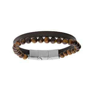 Bracelet en acier et cuir marron avec perles Oeil de Tigre 6mm 19.5cm + 1cm double fermoir - Vue 1