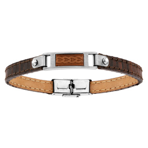 Bracelet en acier et cuir marron avec plaque de bois naturel - 21cm rglable - Vue 1