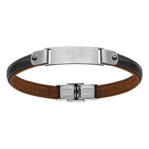 Bracelet en acier et cuir marron avec plaque lisse au milieu - longueur 20cm - Vue 1