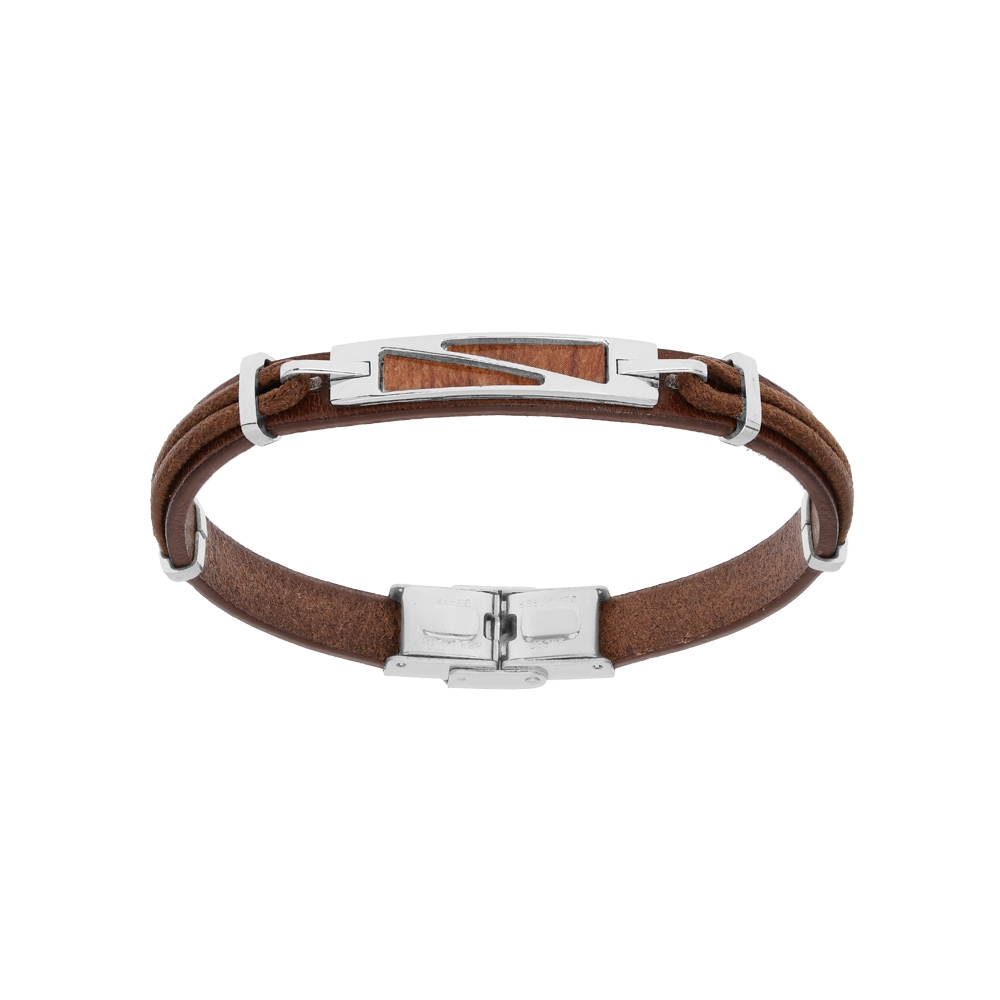 Bracelet en acier et cuir marron avec plaquette aspect bois 20cm - Vue 1