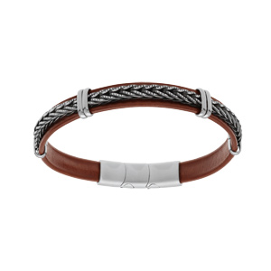 Bracelet en acier et cuir marron avec tresse et double fermoir 19.5+1.5cm - Vue 1