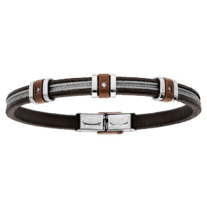 Bracelet en acier et cuir marron 3 cbles gris et 3 oxydes blancs 20cm - Vue 1