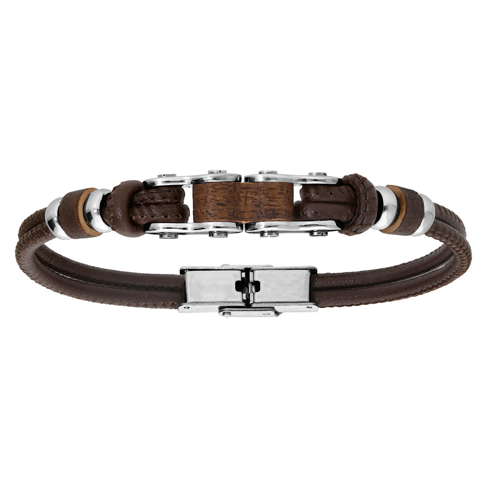 Bracelet en acier et cuir marron �l�ments bois r�glable 20cm - Vue 1