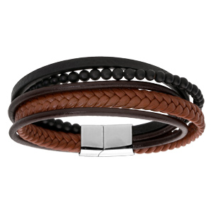 Bracelet en acier et cuir marron et noir multi bracelets avec boules noires - double fermoir 20cm - Vue 1