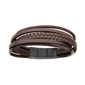 Bracelet en acier et cuir marron multifils double fermoir 23-24cm - Vue 1