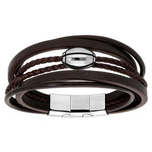 Bracelet en acier et cuir marron plusieurs bracelets et ballon de rugby - double fermoir 21cm réglable 20 - Vue 1