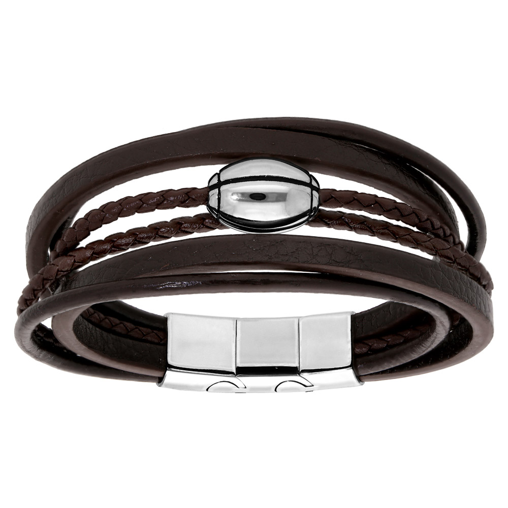 Bracelet en acier et cuir marron plusieurs bracelets et ballon de rugby � graver- double fermoir 21cm r�glable 20 - Vue 1