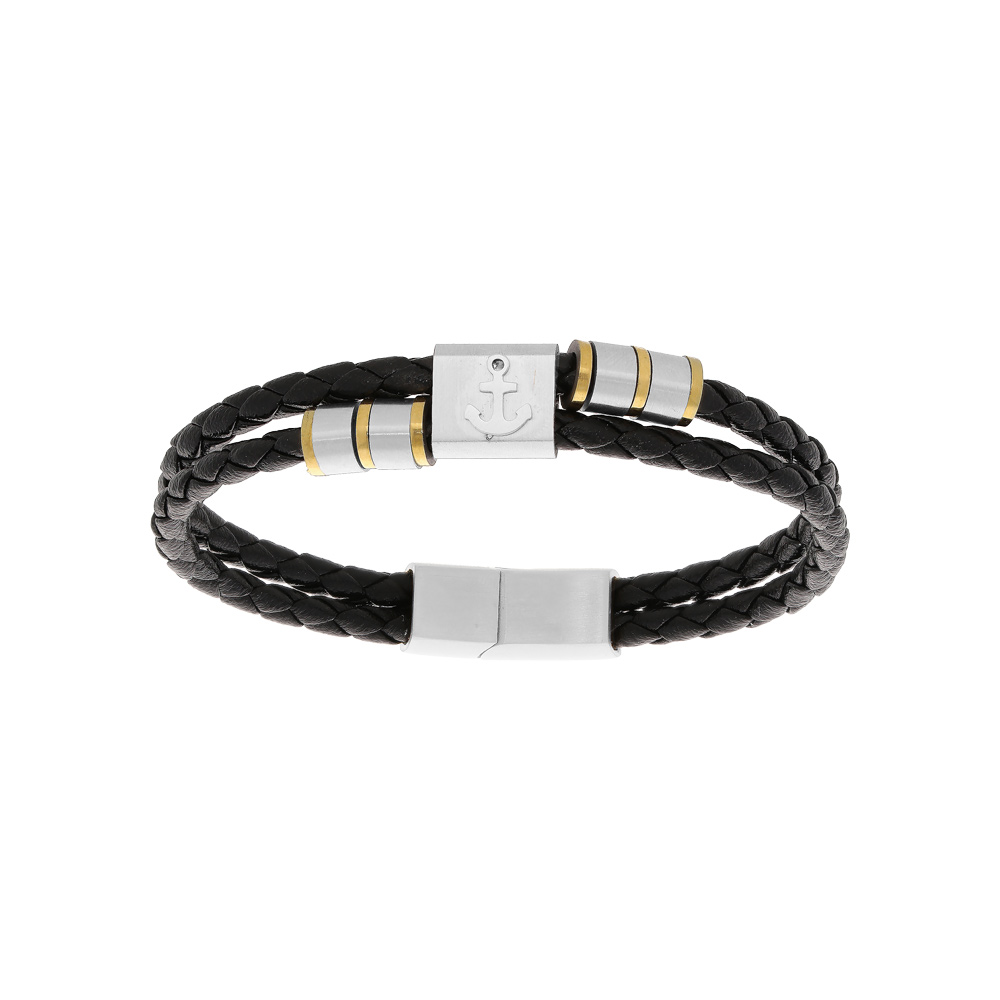 Bracelet en acier et cuir marron tress� avec �l�ment motif ancre 20cm - Vue 1