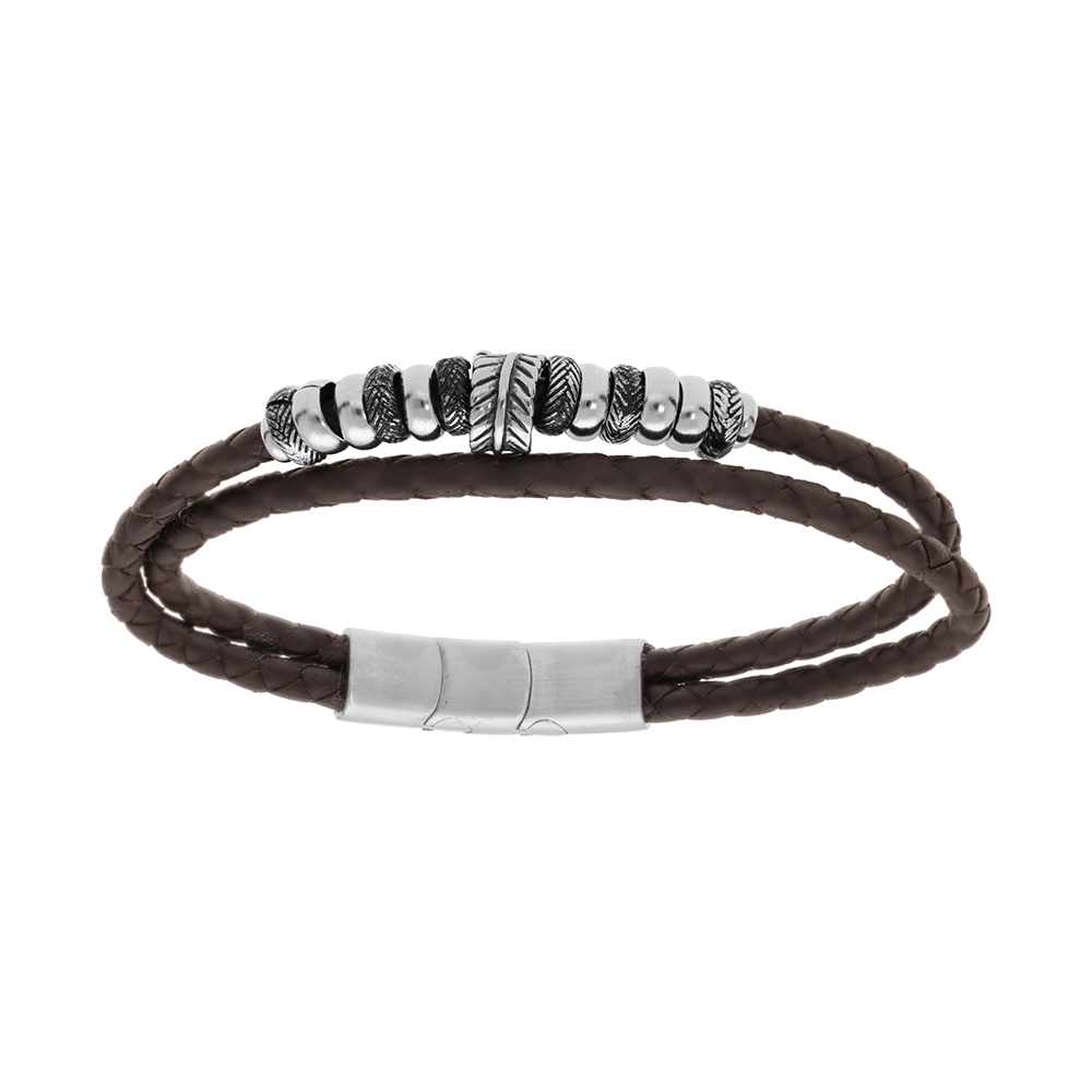 Bracelet en acier et cuir marron tress� 2 rangs avec multi anneaux 19.5+1cm double fermoir - Vue 1