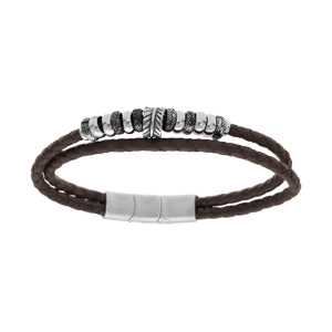 Bracelet en acier et cuir marron tress 2 rangs avec multi anneaux 19.5+1cm double fermoir - Vue 1
