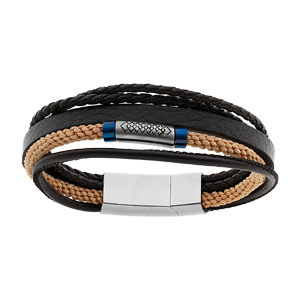 Bracelet en acier et cuir multifils noir et beige PVD bleu 19,5cm - Vue 1
