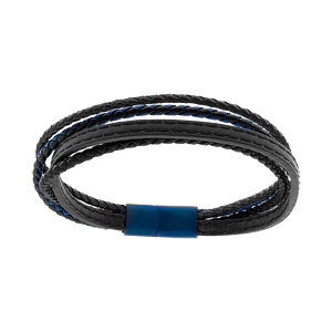 Bracelet en acier et cuir multifils noir et bleu fermoir PVD bleu 21,5cm - Vue 1