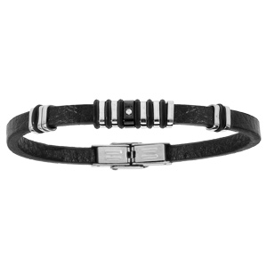 Bracelet en acier et cuir noir 21cm rglable - Vue 1