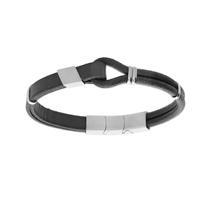 Bracelet en acier et cuir noir avec boucle 20cm + 1cm double fermoir - Vue 1