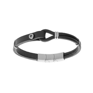 Bracelet en acier et cuir noir avec boucle et vis 20cm + 1cm double fermoir - Vue 1