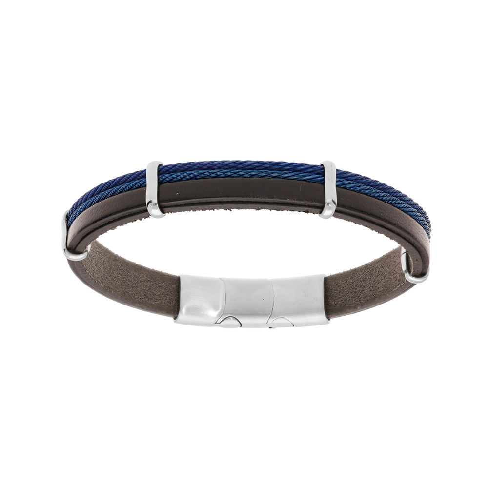Bracelet en acier et cuir noir avec 2 c�bles bleu et double fermoir 20+1cm - Vue 1